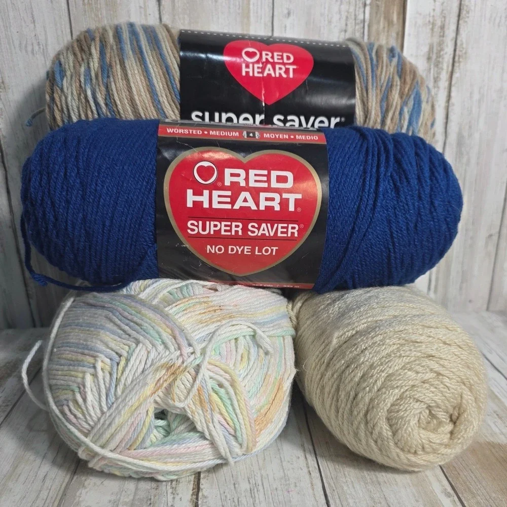 Red Heart Super Saver Yarn 4 Skeins Royal Blue Mirage Jumbo Cream Pastel Multi